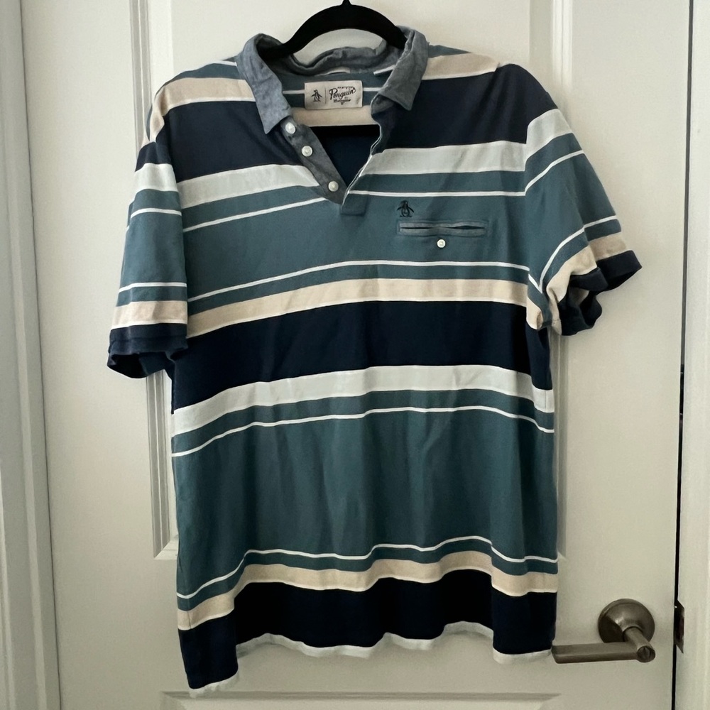 Original Penguin Blue Striped Polo Shirt, Size Large